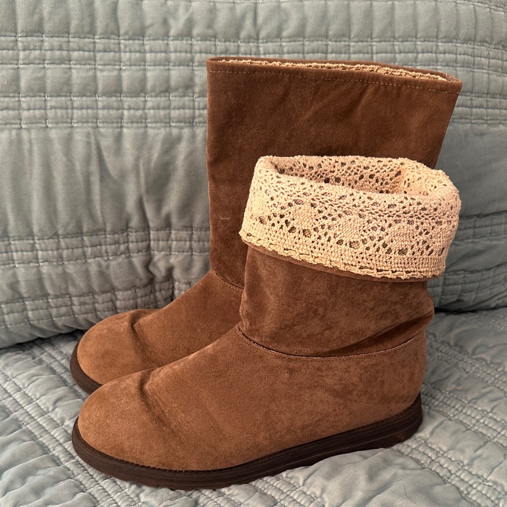 Brown Suede Boots with Cream Lace Trim or Wrap
